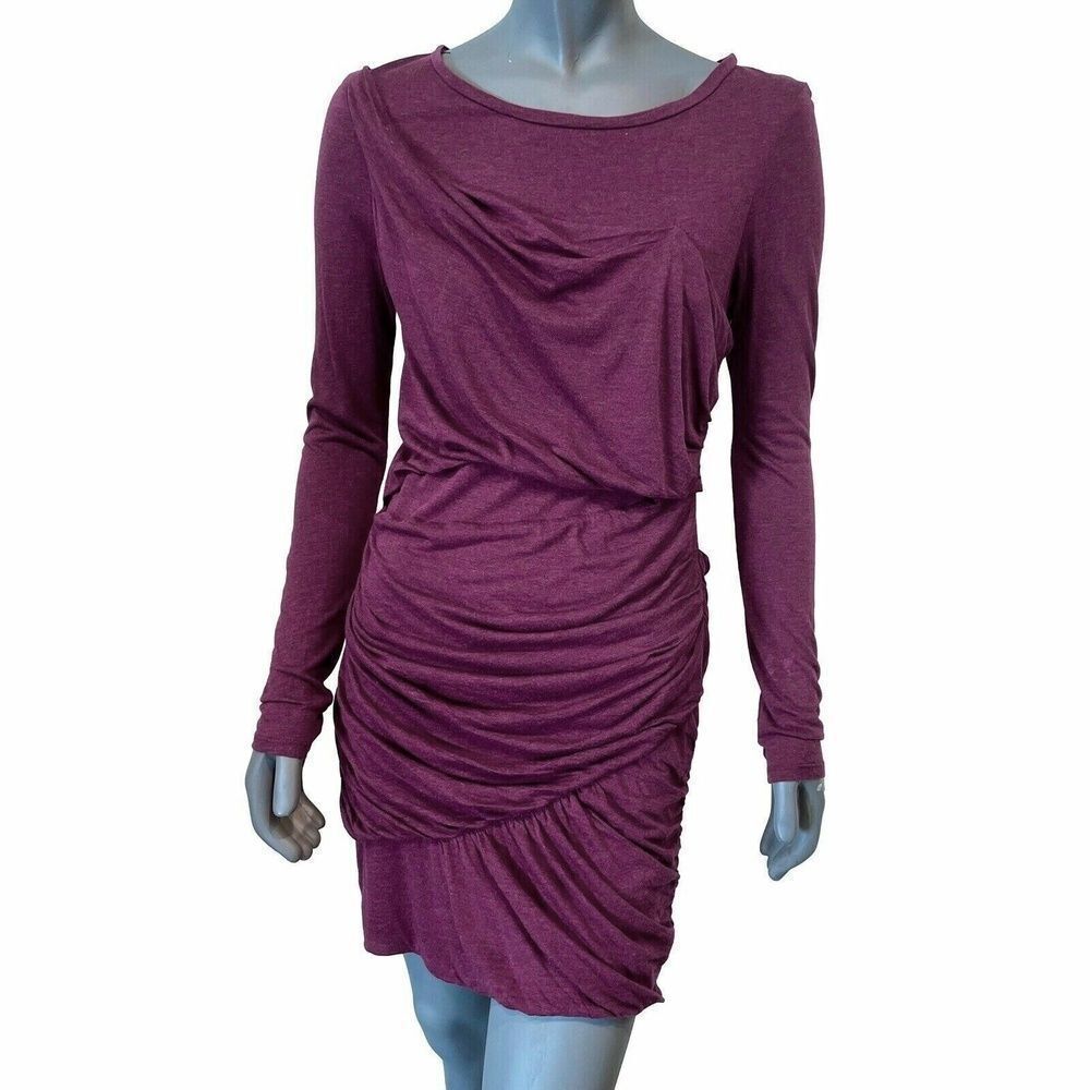 Heather Bordeaux Draped Ruched Bubble Hem Mini Dress Long Sleeve Purple Size M - Picture 3 of 11